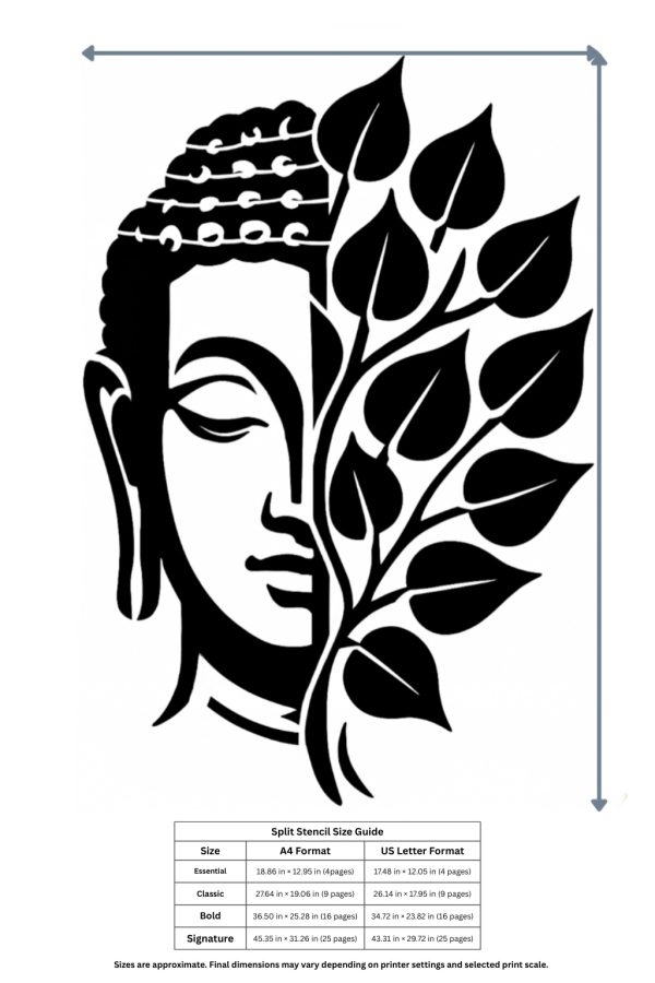 buddha face wall stencil with bodhi leaves printable diy wall art stencil for meditation & spiritual wall decor