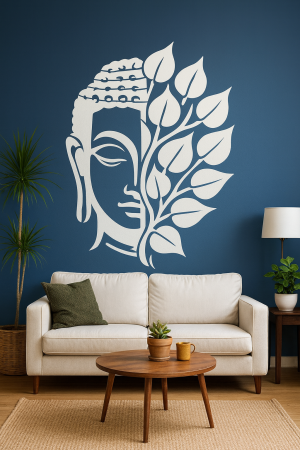 buddha face wall stencil with bodhi leaves printable diy wall art stencil for meditation & spiritual wall decor